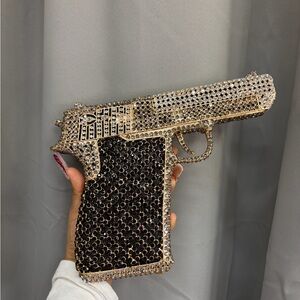 Embellished Crystal Gun-Shaped Clutch - Black and Gold